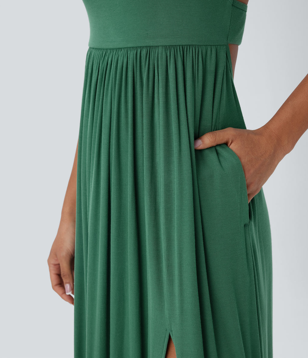 Ribbed Tie Back Ruched Maxi Slip Dress with Pockets