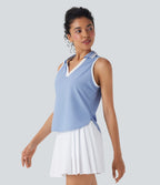 Color Block Polo V Neck Sleeveless Quick Dry Casual Top-UPF50+