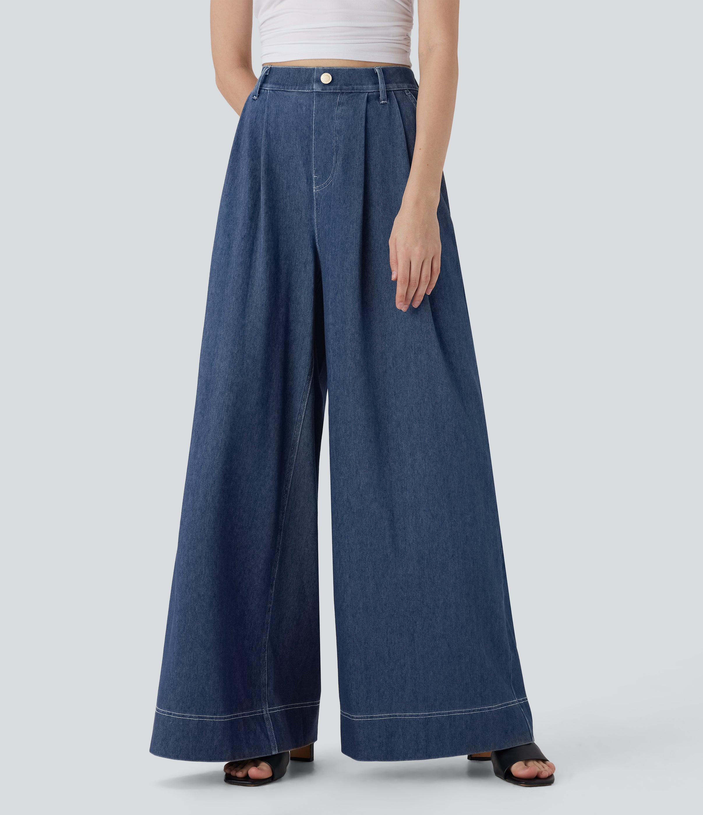 FlexTM High Waisted Wide leg Cool Touch Quick Dry Denim Casual Jeans with Pockets