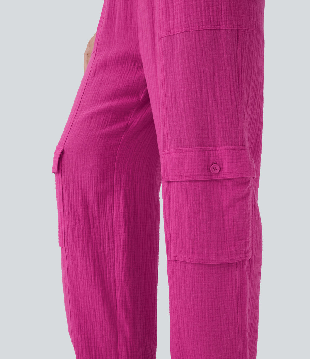 High Waisted Drawstring Wide Leg Cargo Casual Cotton Pants with Pockets