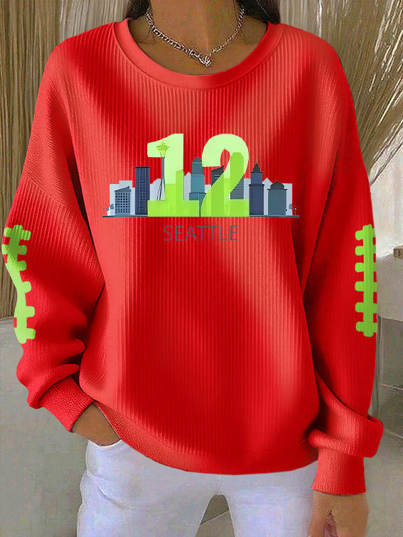 Women's Rugby Print Knit Crew Neck Long Sleeve Top
