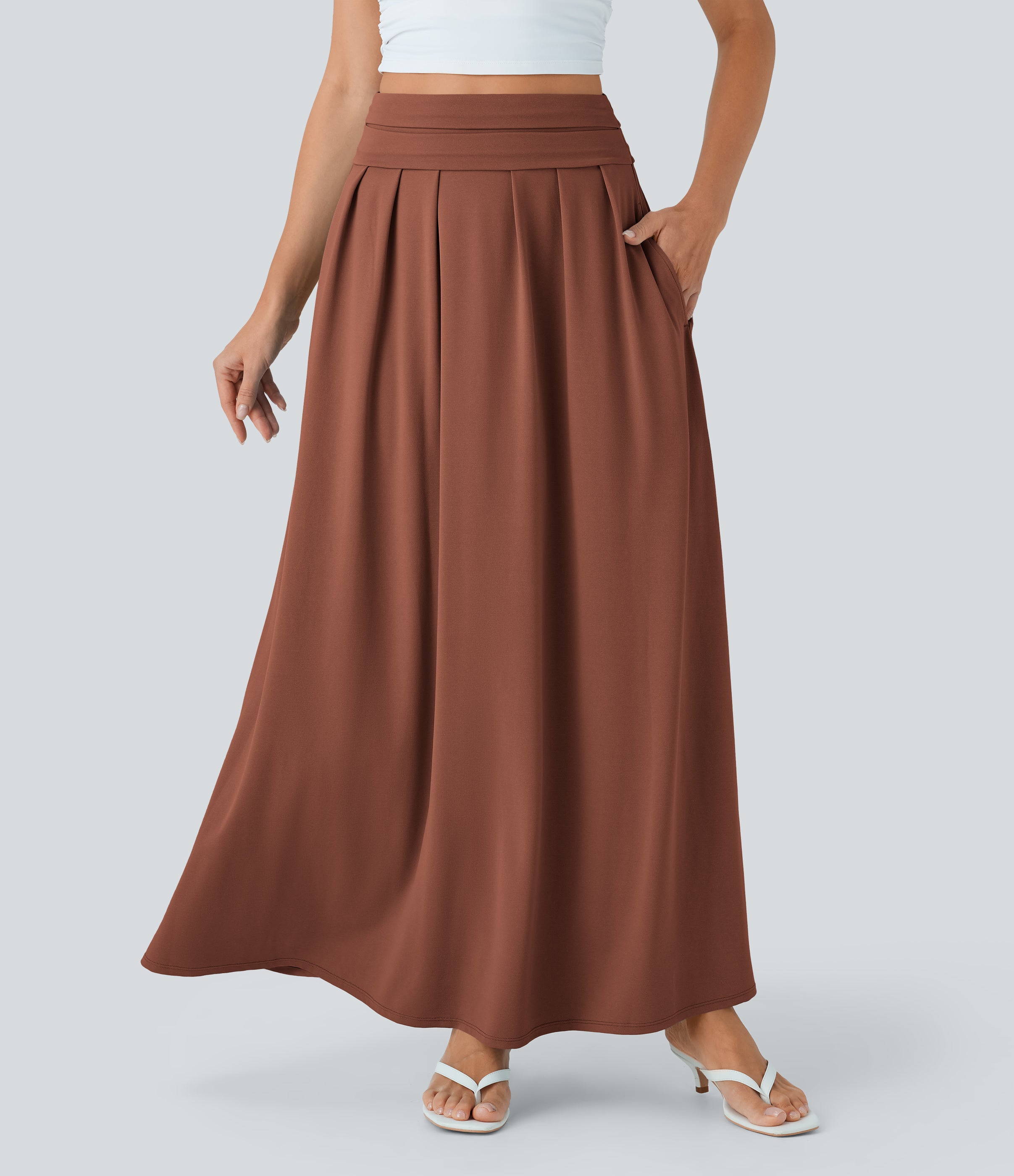 Socinched High Waisted Tummy Control Flare Maxi Casual Skirt with Pockets