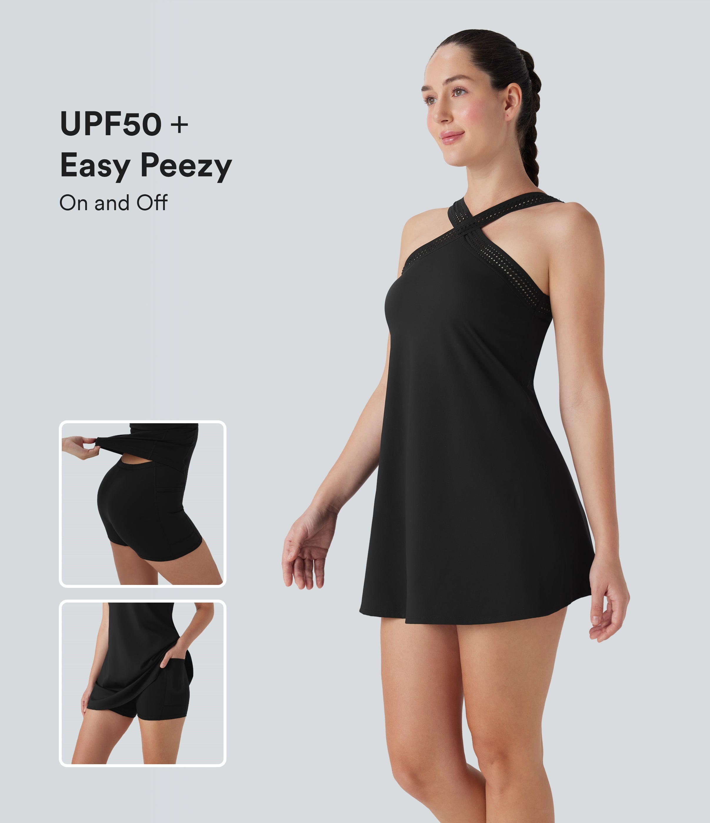 SoftlyzeroTM Airy Halter Cut Out Backless 2-in-1 Cool Touch Mini Yoga Active Dress with Side Pockets-Easy Peezy Edition-UPF50+