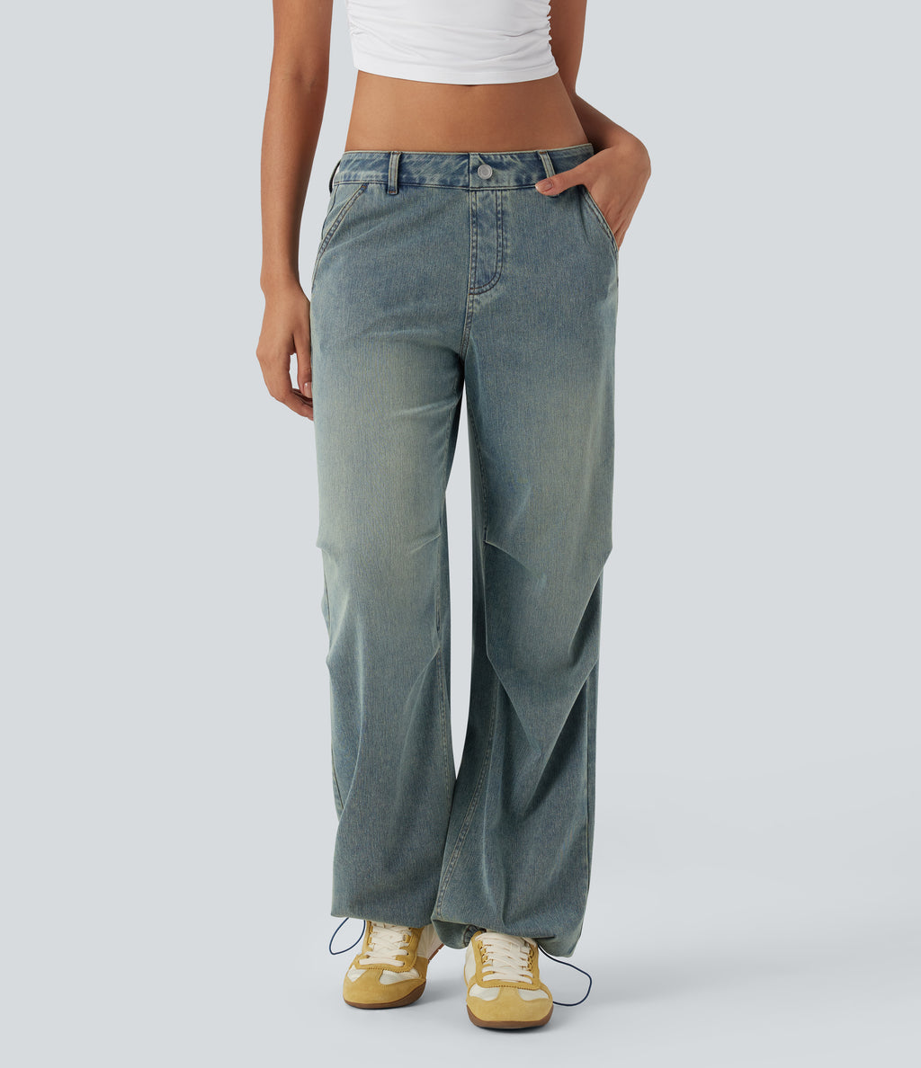 FlexTM Low Rise Adjustable Drawcord Stretchy Knit Casual Parachute Jeans with Multiple Pockets