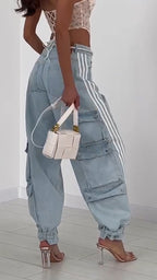 Ladies Vertical Pattern Splicing Multi Pocket Casual Pants
