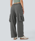 High Waisted Adjustable Drawstring Hem Linen-Feel Casual Cargo Pants with Pockets