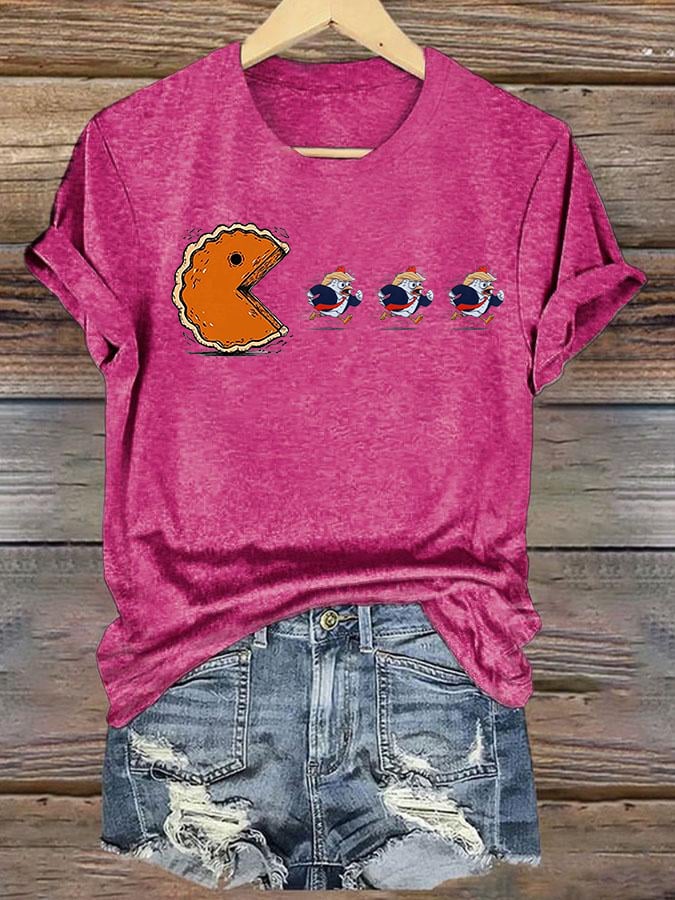 Women's  Funny Turkey Chasing Pie Sublimation FDT Thanksgiving  T-Shirt