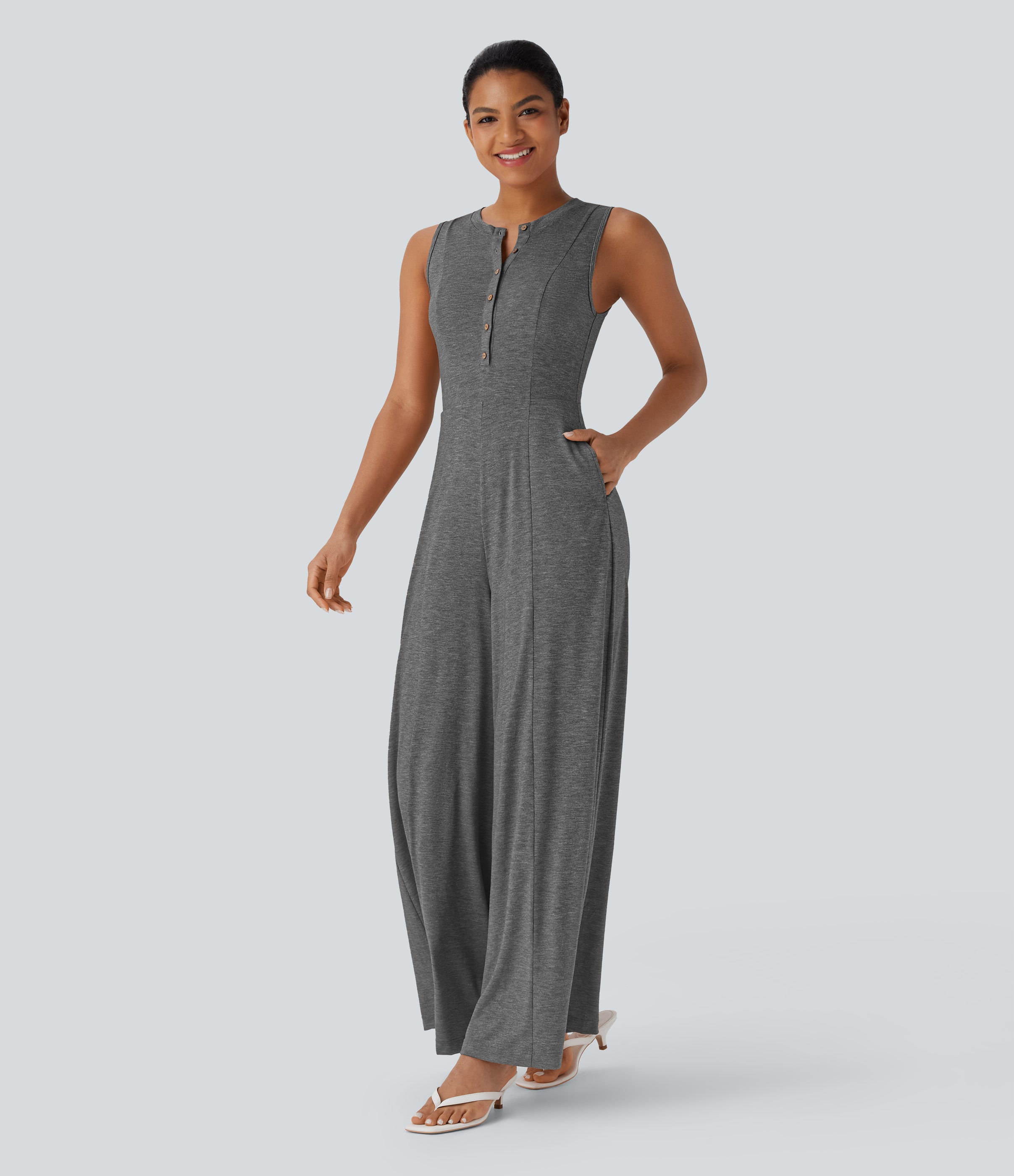 Henley Neck Sleeveless Wide Leg Flowy Casual Jumpsuit with Pockets
