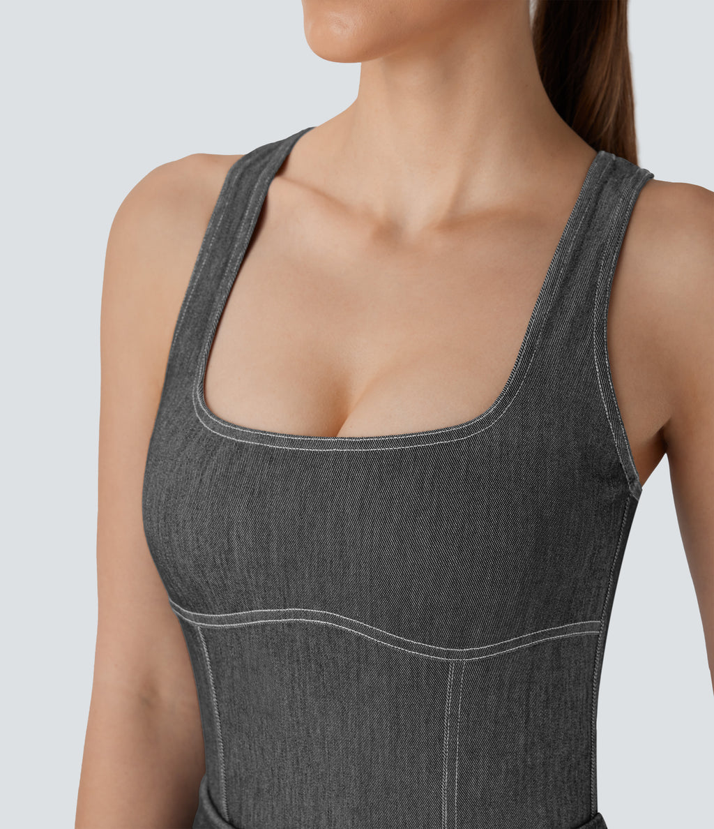 FlexTM Square Neck Racerback Cool Touch Washed Denim Tennis Bodysuit