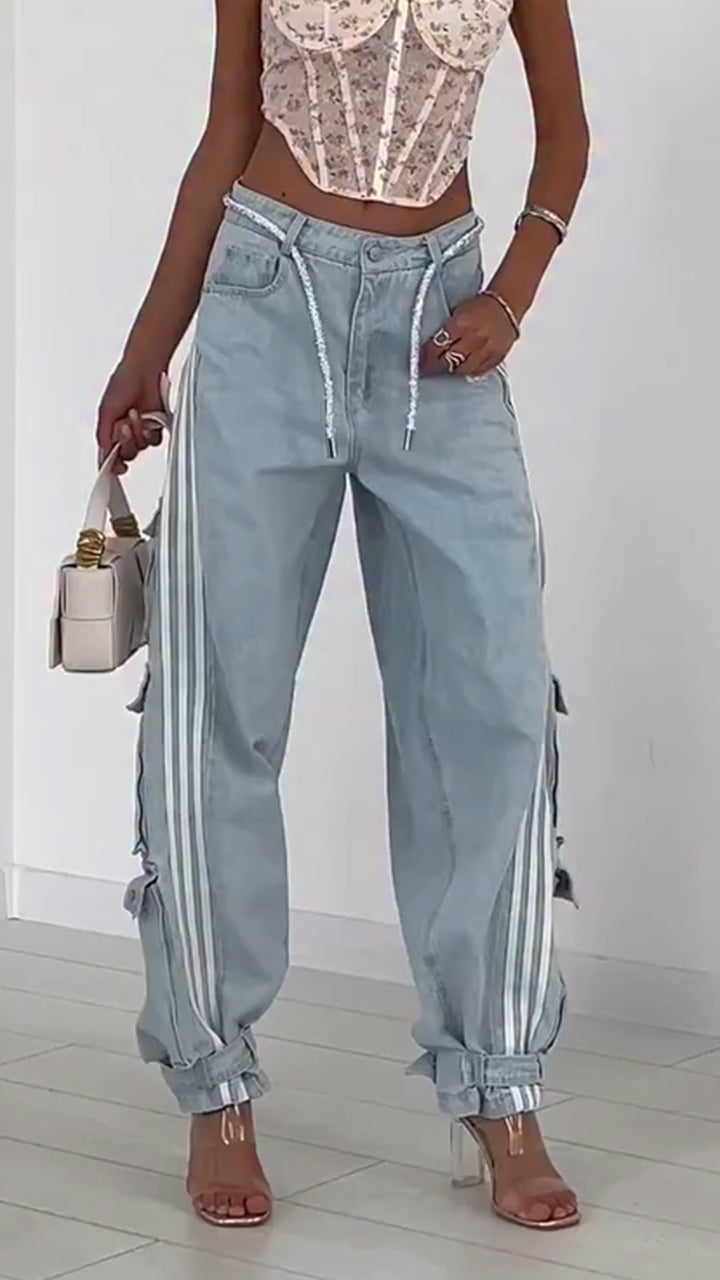 Ladies Vertical Pattern Splicing Multi Pocket Casual Pants
