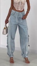 Ladies Vertical Pattern Splicing Multi Pocket Casual Pants