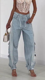 Ladies Vertical Pattern Splicing Multi Pocket Casual Pants