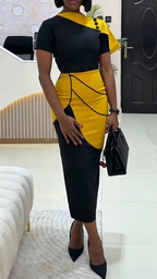 Women Round Neck Contrasting Color Waist Cinching Elegant Temperament Dress