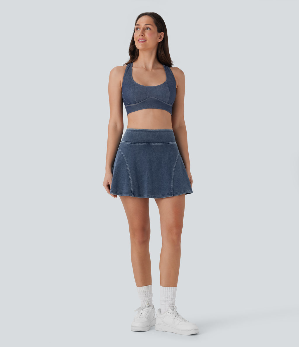 FlexTM High Waisted 2-in-1 A Line Mini Washed Denim Casual Skirt with Pockets