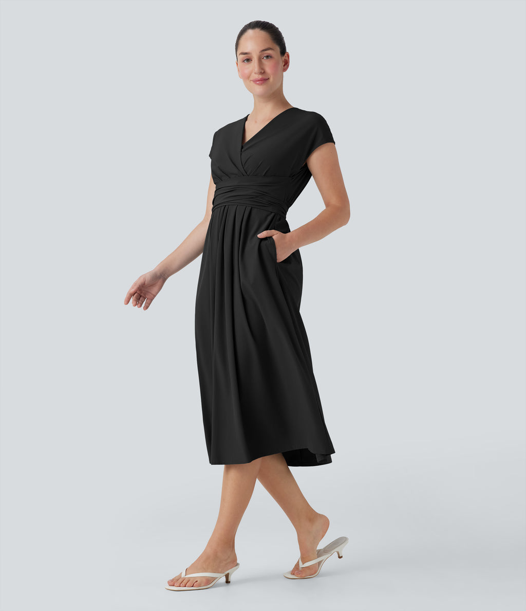 BreezefulTM V Neck Short Sleeve Pocket Tie Back Quick Dry Midi Casual Dress