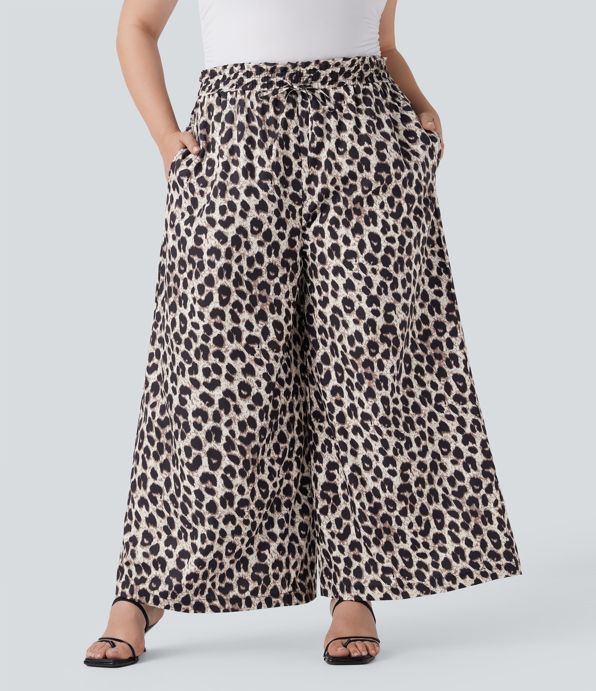 Plus Size High Waisted Drawstring Leopard Print Wide Leg Casual Pants with Pockets