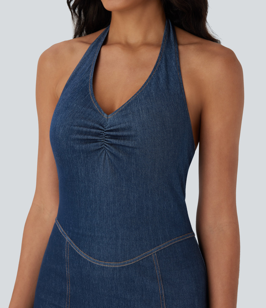 FlexTM Halter Bodycon 2-Piece Cool Touch Washed Denim Mini Tennis Active Dress with Pockets