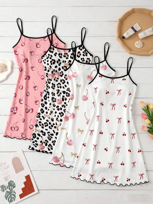 4-Pack Women's Strapless Nightdresses, Cartoon Bear All-Over Print Pajamas, Sweet Home Wear for Spring Summer, Essential Cozy Sleepwear Homewear