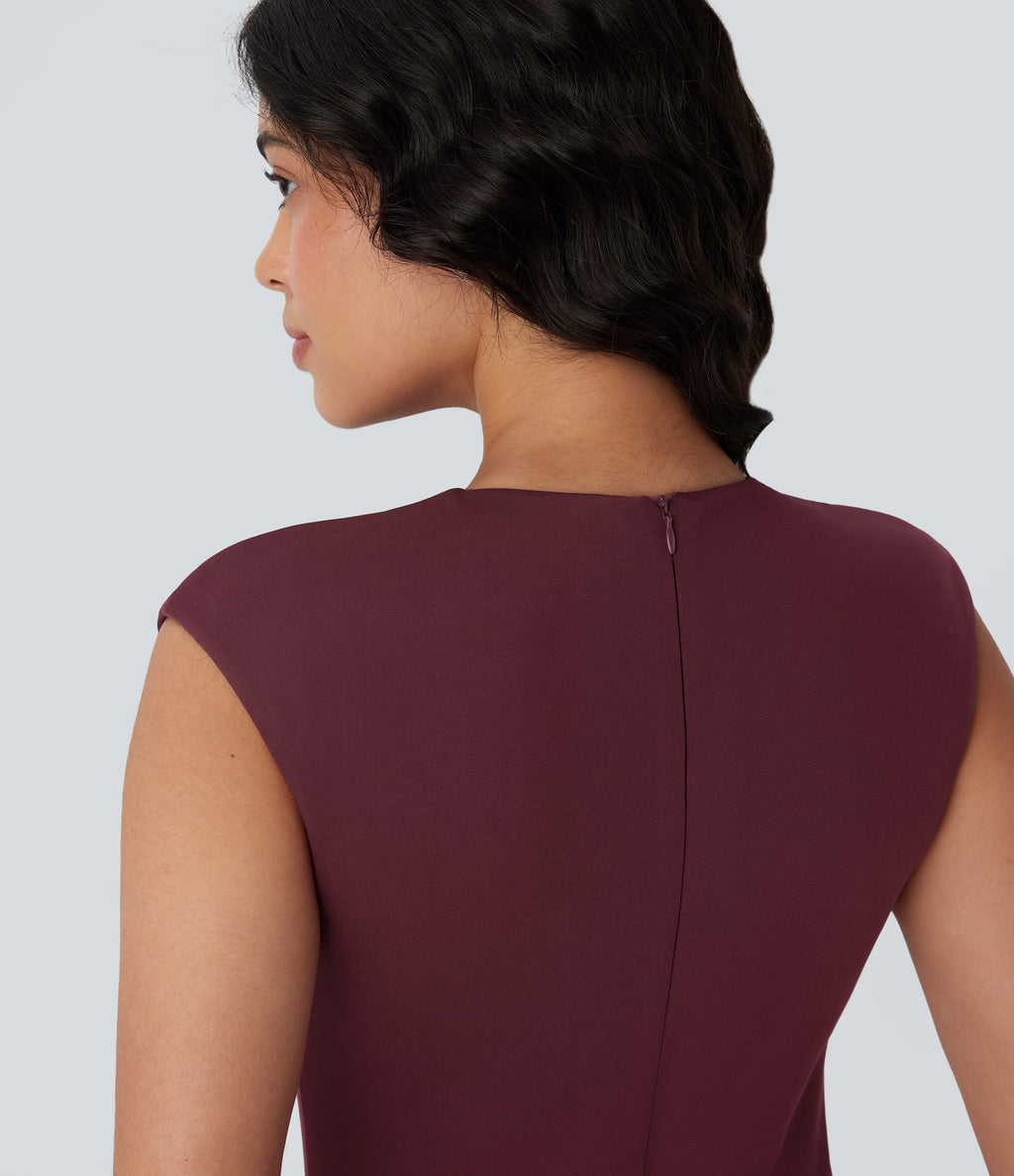 V-neck Zipper Bodycon Midi Work Built-in Mesh Shapewear Dress