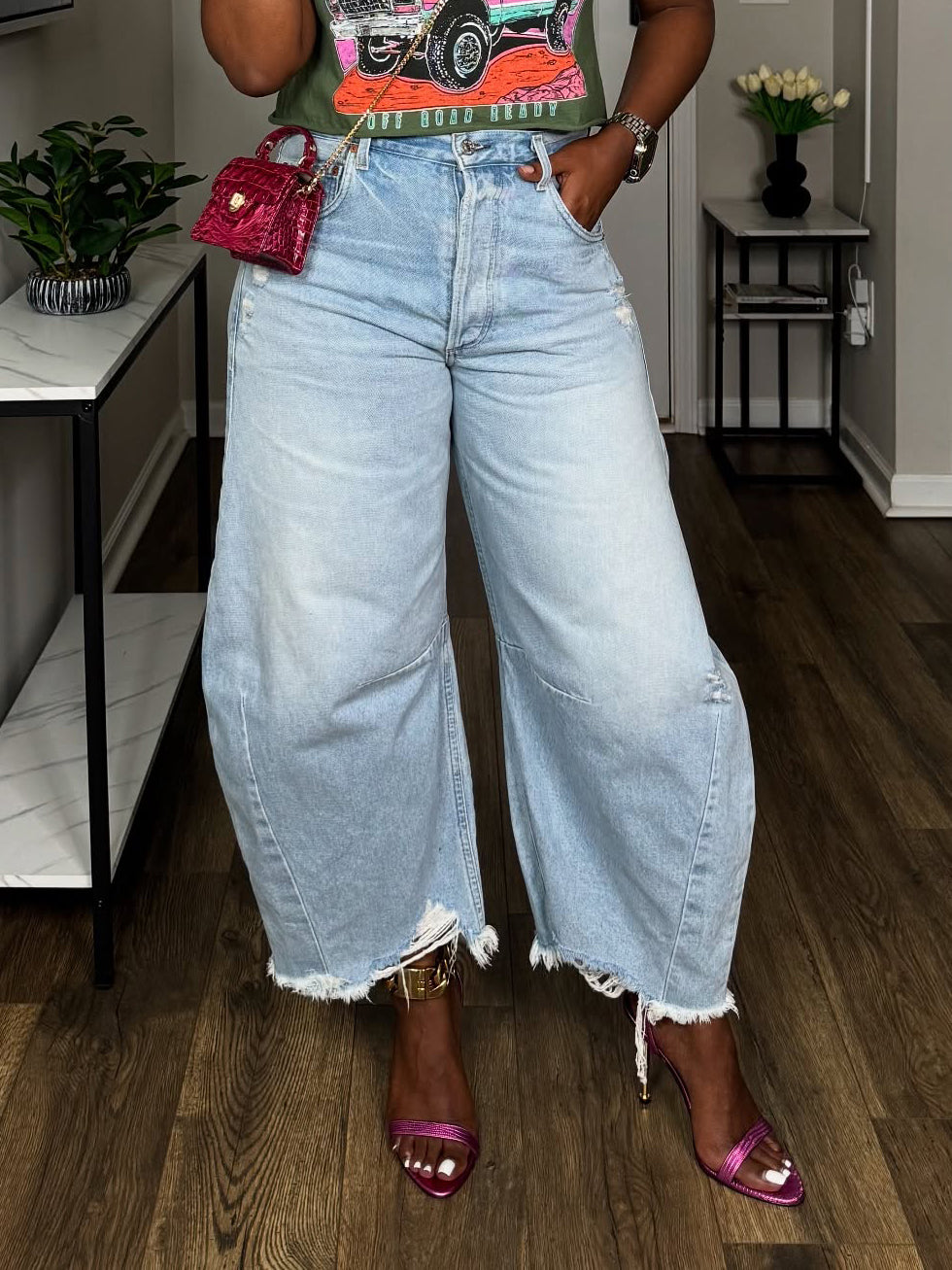 Fashion Raw Trim Ripped Wide Leg Jeans