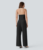 Halter Shirred Wide Leg Work Jumpsuit with Pockets