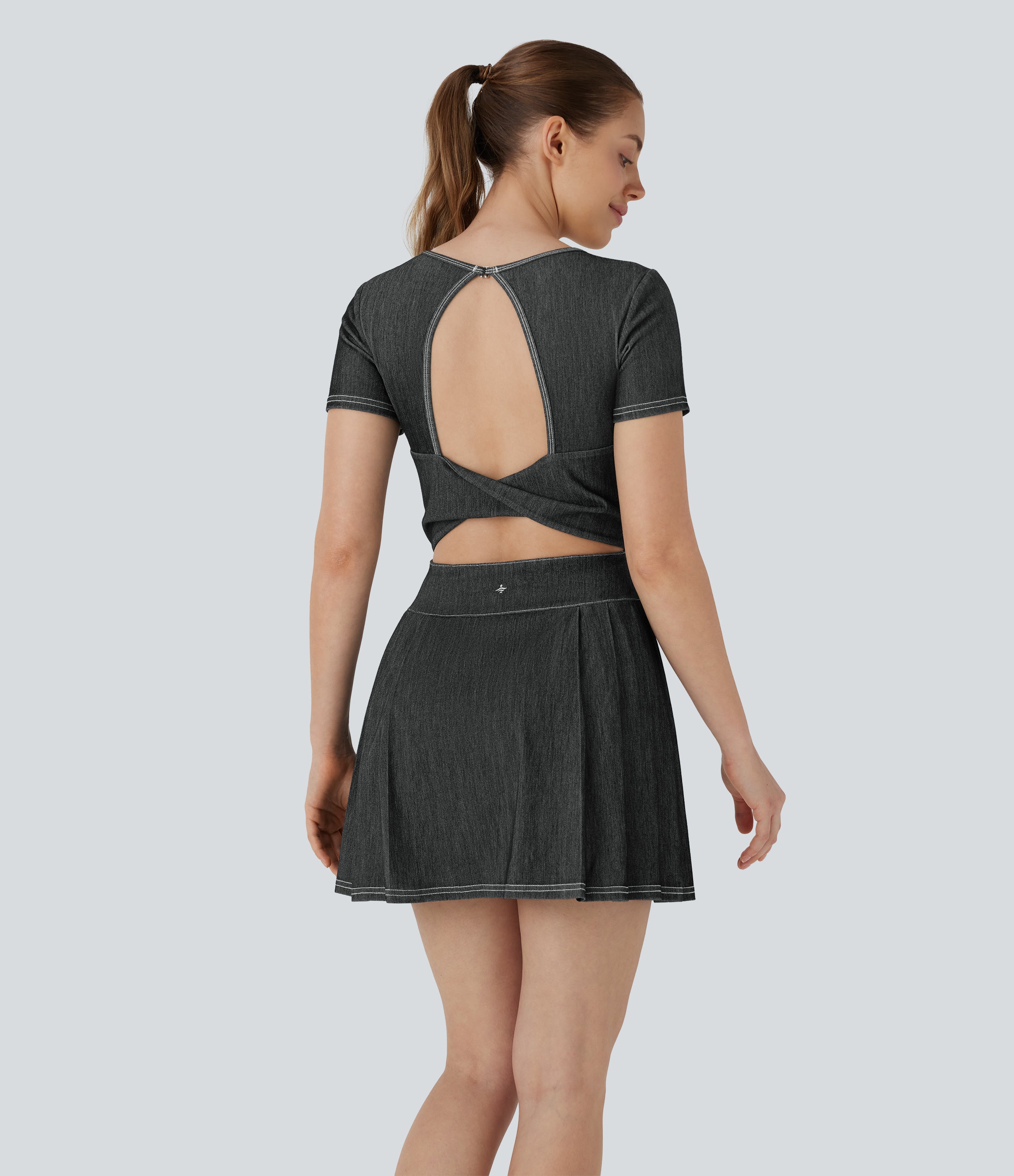 FlexTM Pleated Hem 2-in-1 Cool Touch Washed Denim Tennis Active Dress with Pockets
