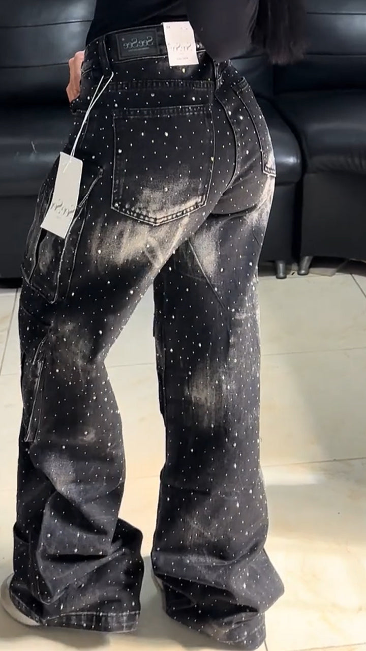 Ladies Hot Pressed Diamond Spliced Multi Pocket Washable Casual Pants