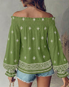Vintage Tribal Placement Print Shirred Off Shoulder Flared Cuffs Blouse Casual Frill Trim Boho Top