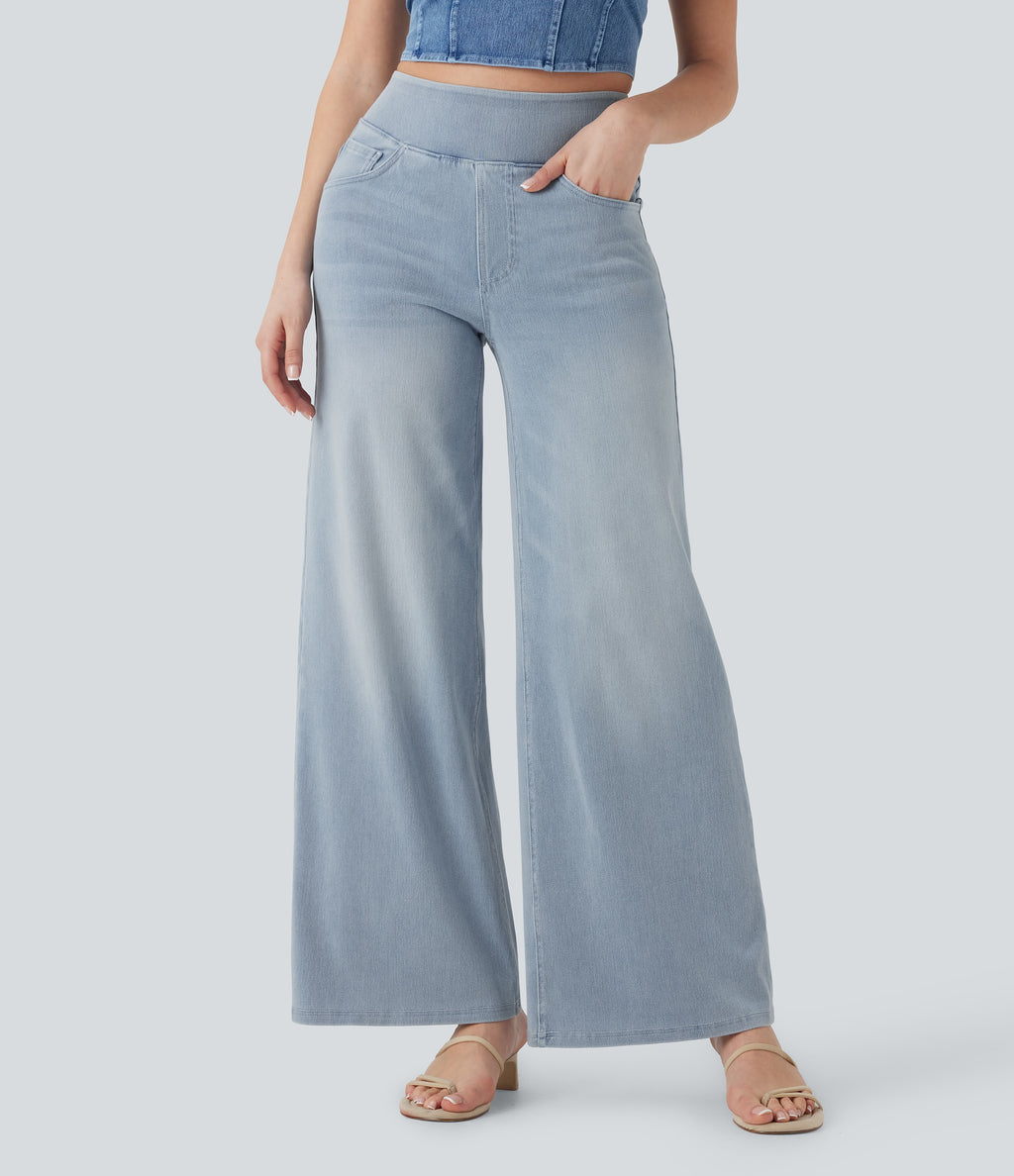 2026🔥 FlexTM High Waisted Multiple Pockets Baggy Wide Leg Washed Stretchy Knit Casual Jeans