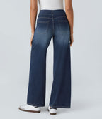 2026🔥 FlexTM High Waisted Multiple Pockets Baggy Wide Leg Washed Stretchy Knit Casual Jeans
