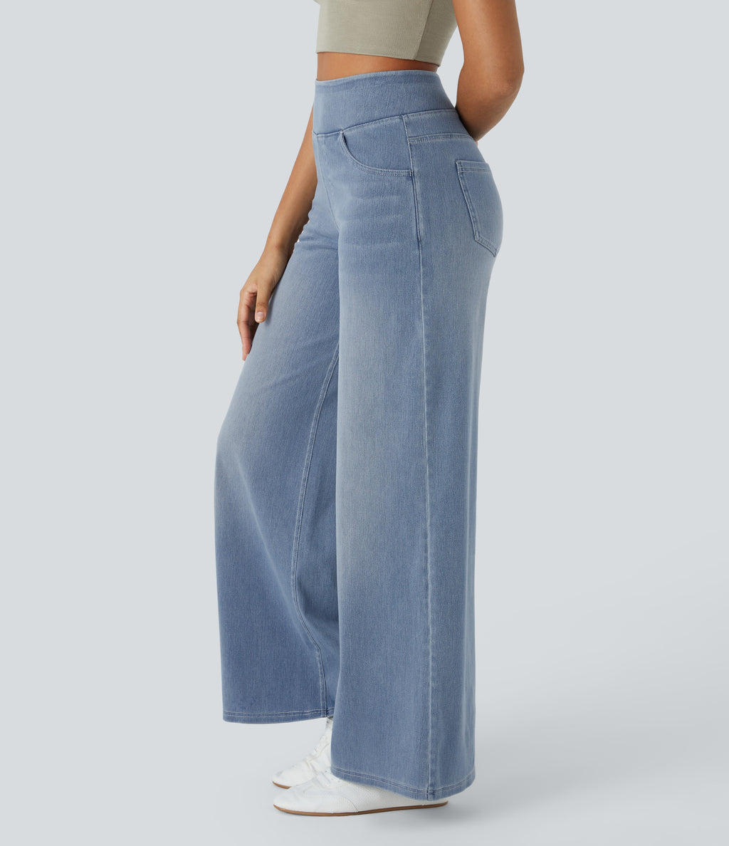2026🔥 FlexTM High Waisted Multiple Pockets Baggy Wide Leg Washed Stretchy Knit Casual Jeans