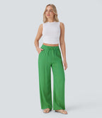 2026🔥 High Waisted Drawstring Pocket Wide Leg Casual Linen-Feel Pants