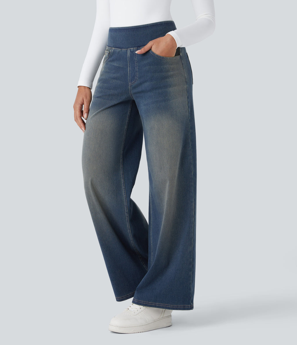2026🔥 FlexTM High Waisted Multiple Pockets Baggy Wide Leg Washed Stretchy Knit Casual Jeans
