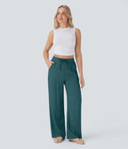 2026🔥 High Waisted Drawstring Pocket Wide Leg Casual Linen-Feel Pants
