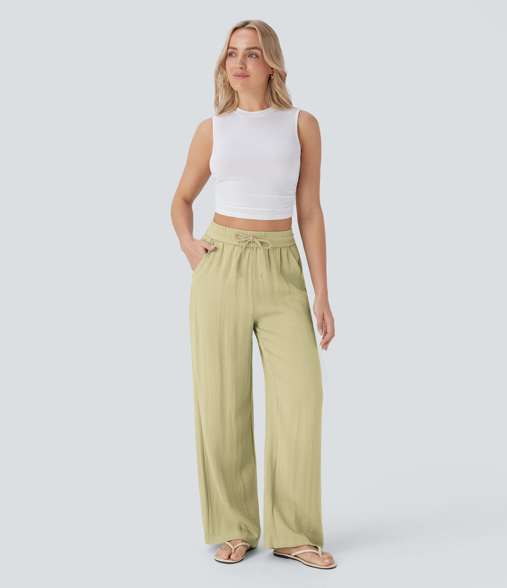 2026🔥 High Waisted Drawstring Pocket Wide Leg Casual Linen-Feel Pants