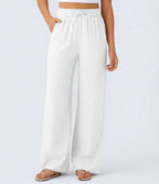 Women Summer High Waisted Drawstring Pocket Wide Leg Casual Linen-Feel Pants