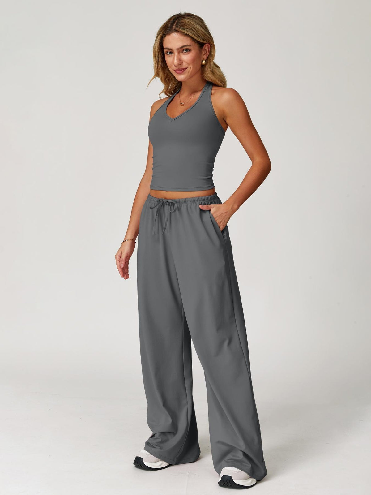 Women's Solid Halter Neck Top & Wide Leg Pants Sports Set