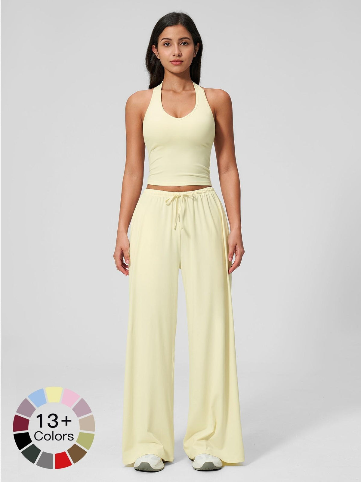 Women's Solid Halter Neck Top & Wide Leg Pants Sports Set