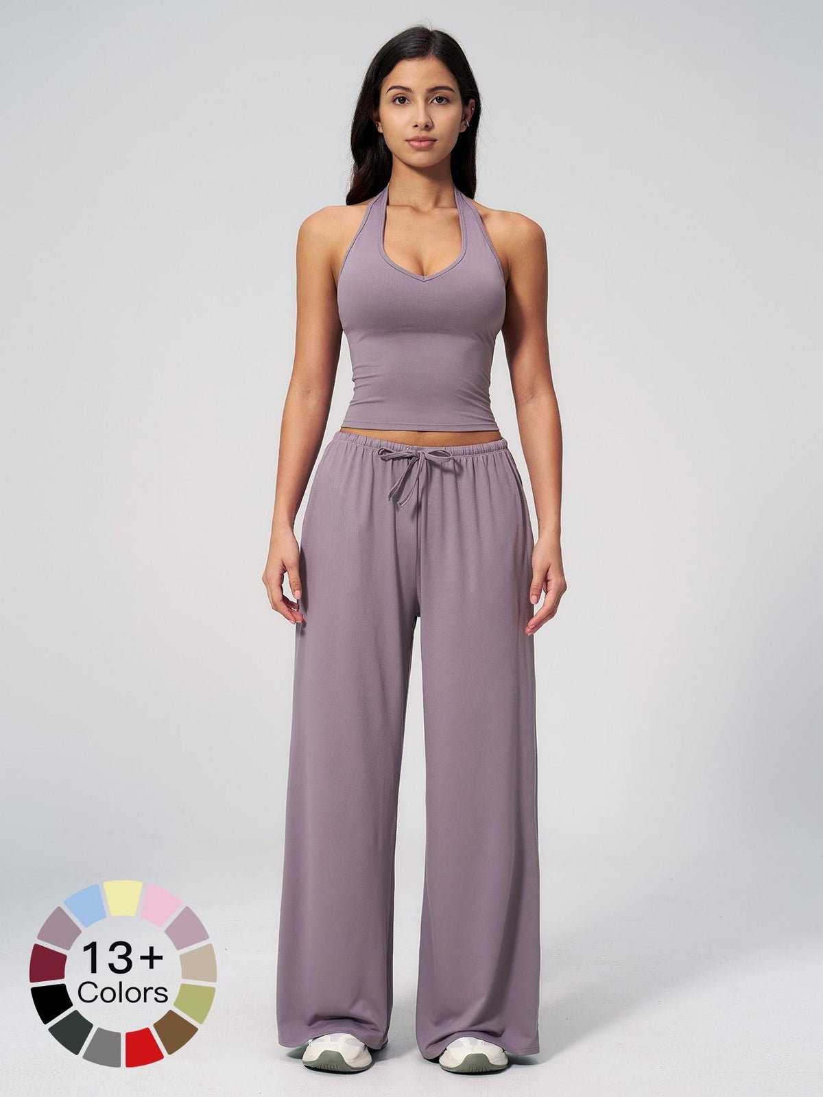 Women's Solid Halter Neck Top & Wide Leg Pants Sports Set
