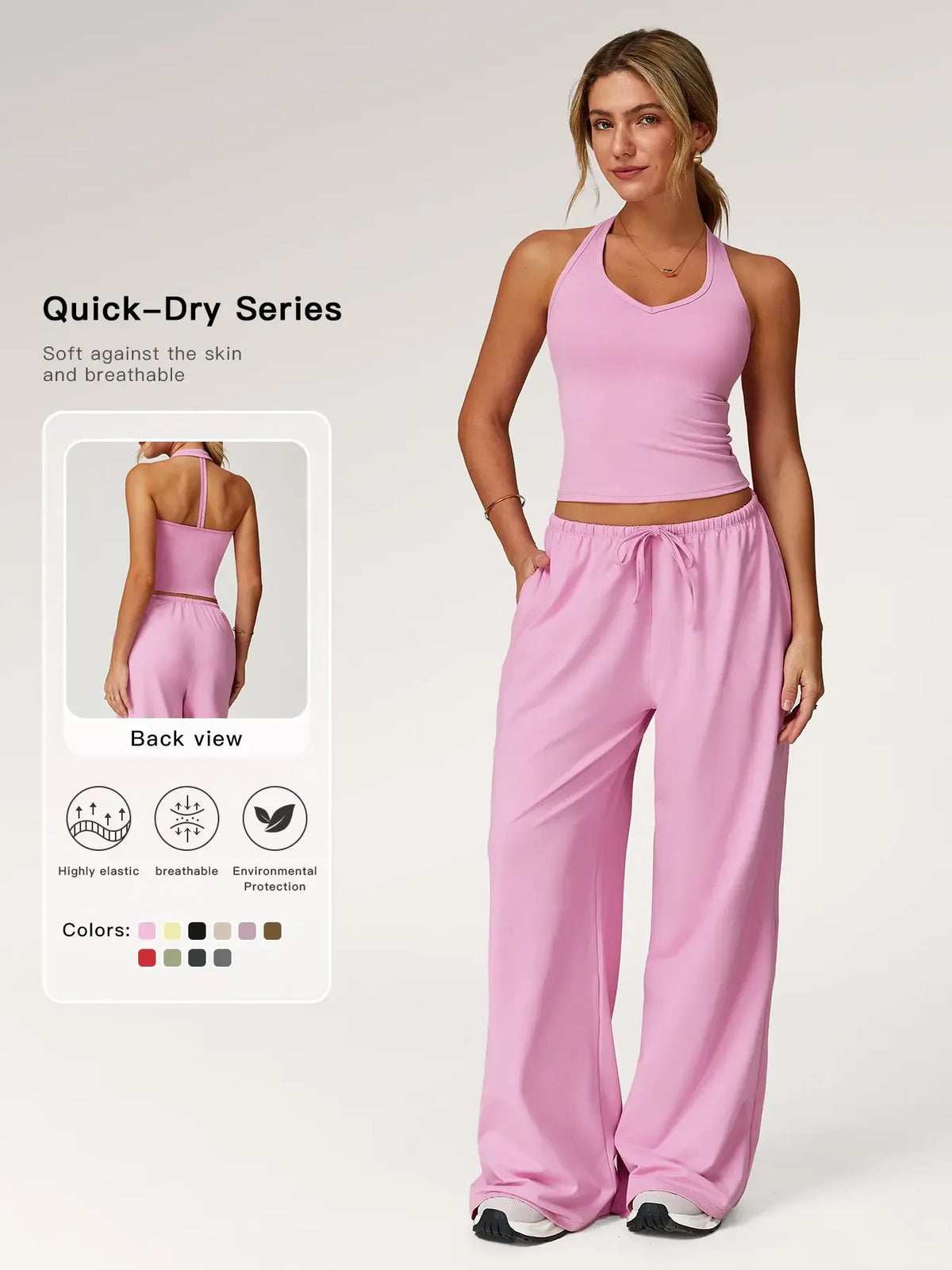 Women's Solid Halter Neck Top & Wide Leg Pants Sports Set