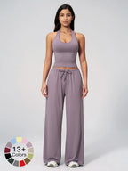 Women's Solid Halter Neck Top & Wide Leg Pants Sports Set