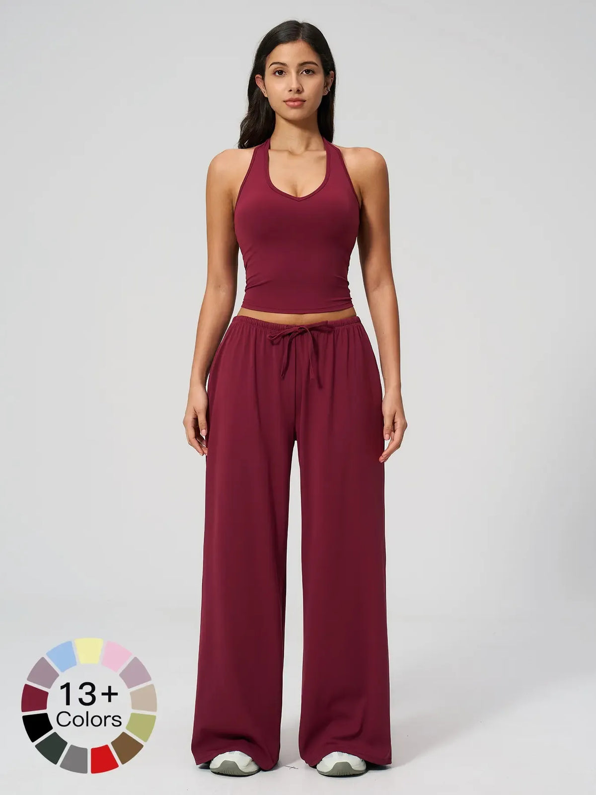 Women's Solid Halter Neck Top & Wide Leg Pants Sports Set