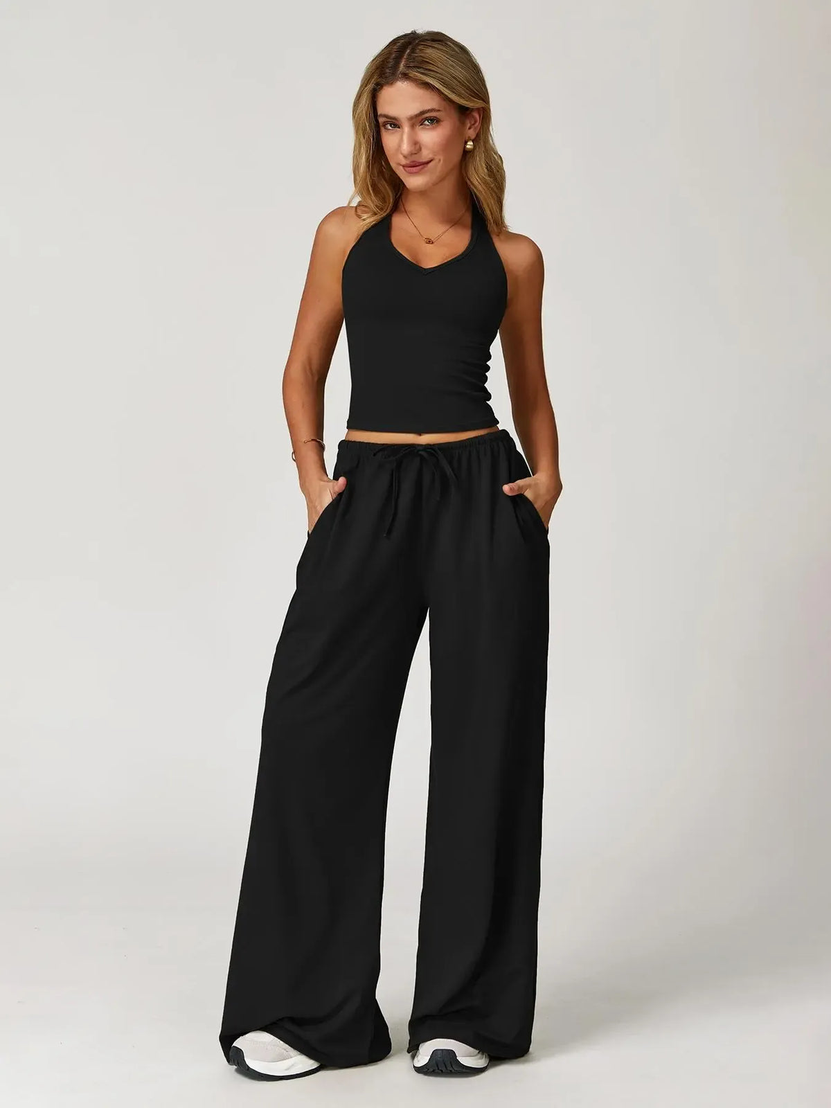 Women's Solid Halter Neck Top & Wide Leg Pants Sports Set
