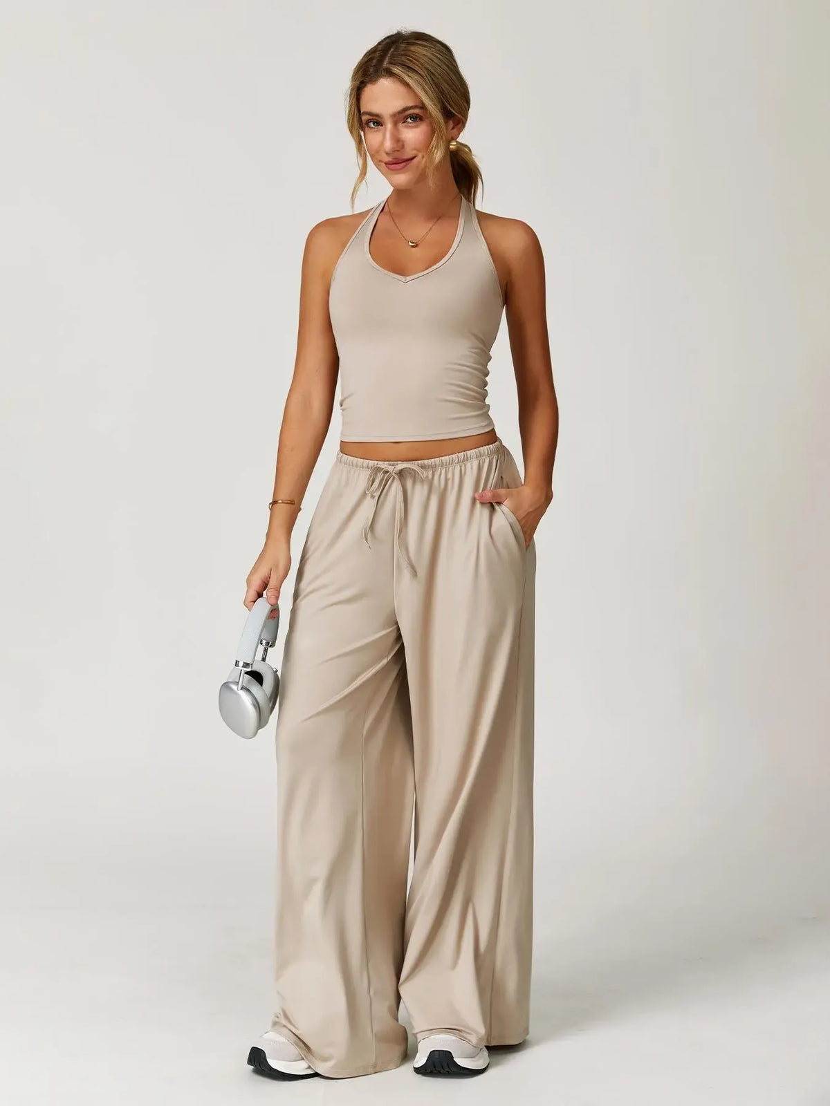 Women's Solid Halter Neck Top & Wide Leg Pants Sports Set