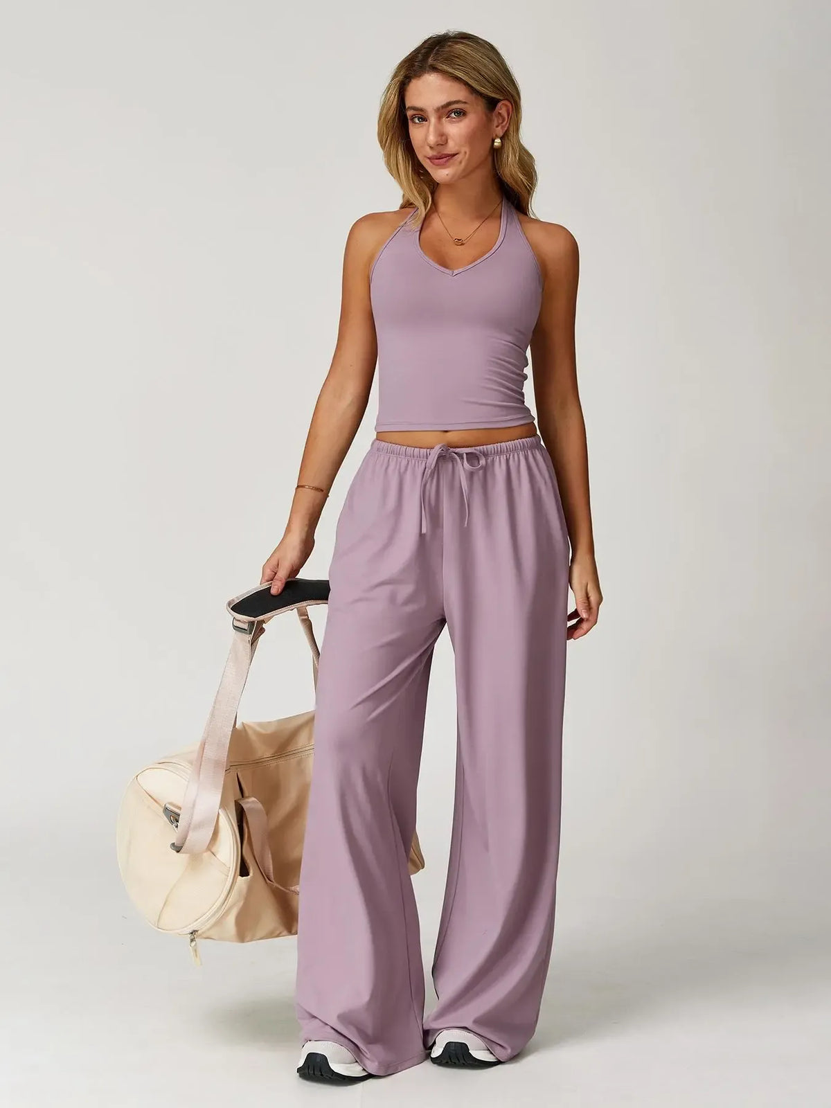 Women's Solid Halter Neck Top & Wide Leg Pants Sports Set