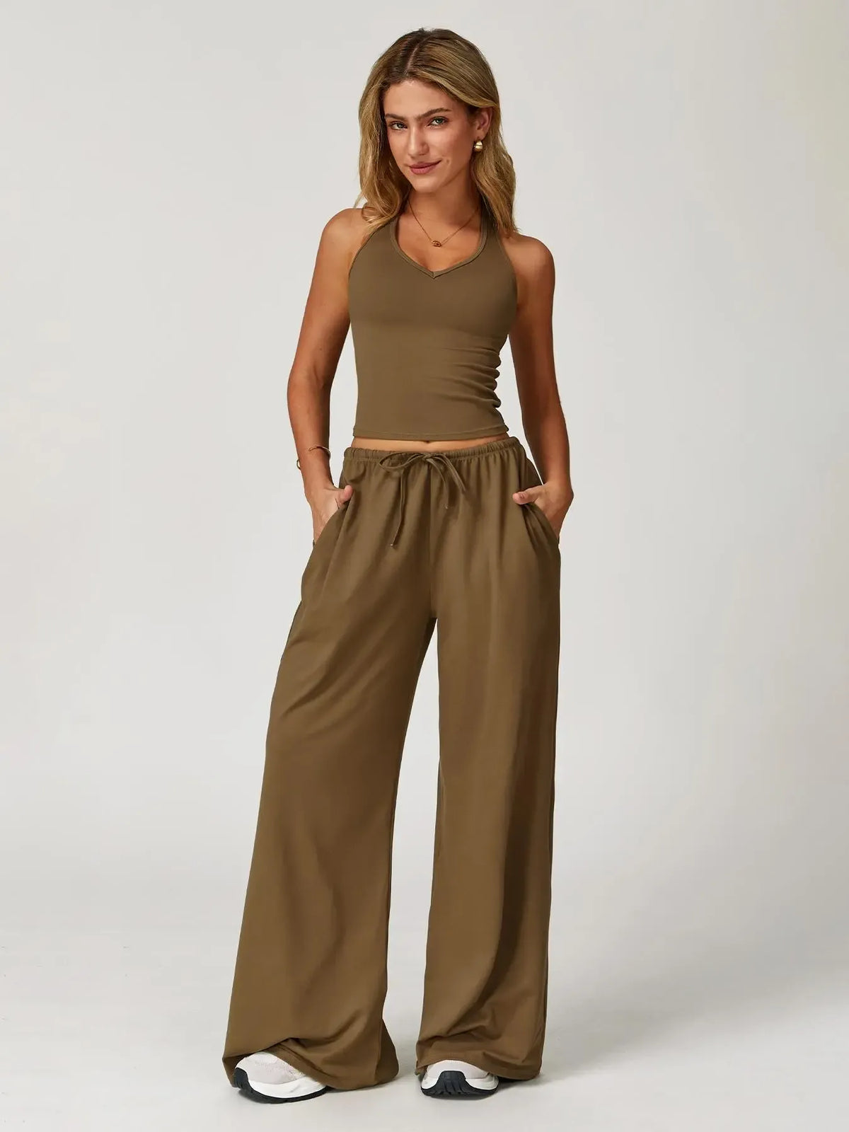 Women's Solid Halter Neck Top & Wide Leg Pants Sports Set
