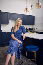 Lesley - Midi Button Wrap Dress - Blue Polkadot
