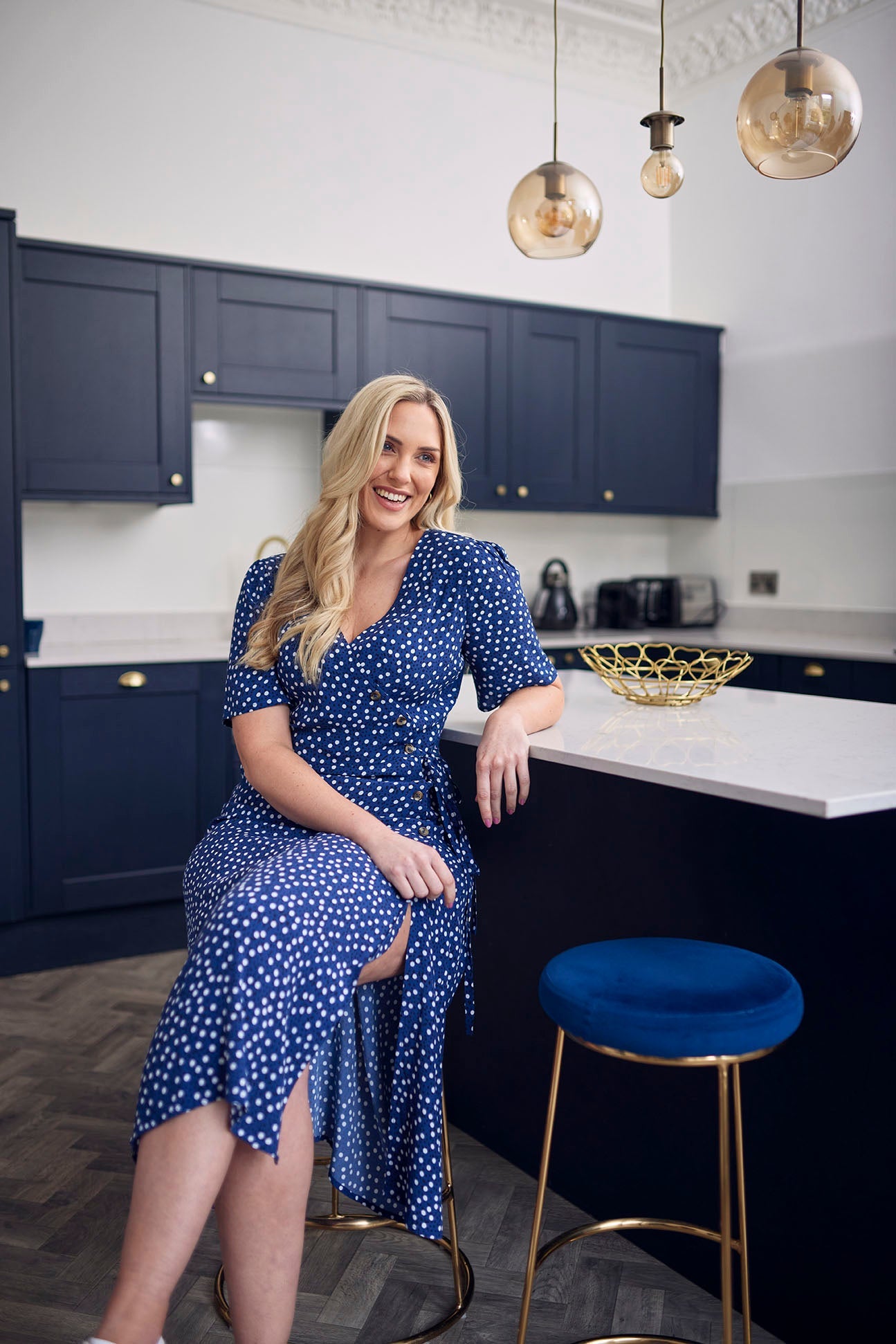 Lesley - Midi Button Wrap Dress - Blue Polkadot