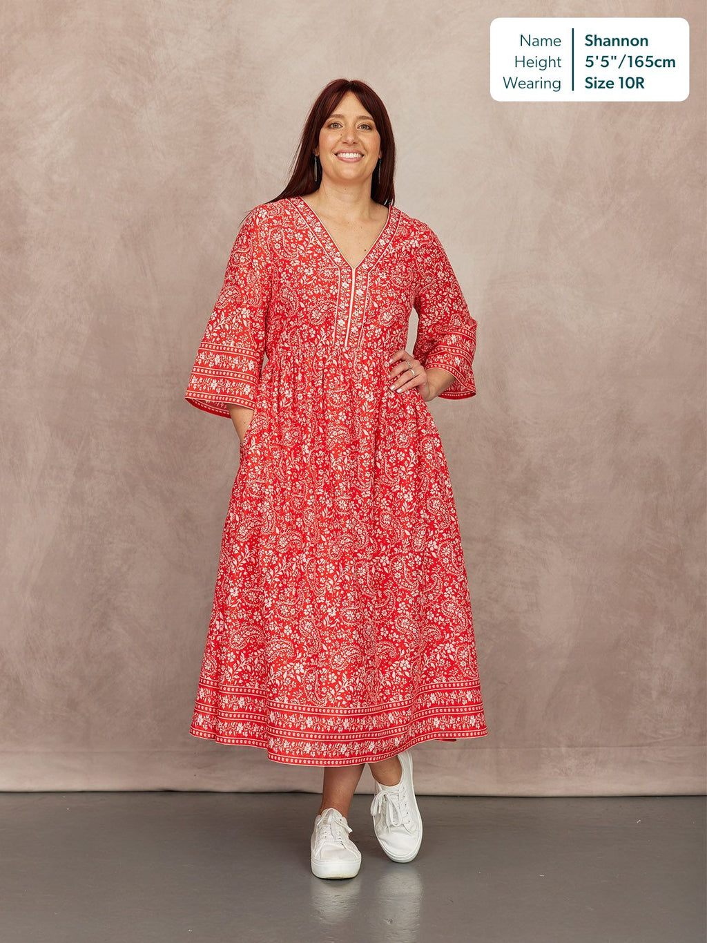 Cindy Kimono Sleeve Midi Dress - Red & Ecru Paisley Print