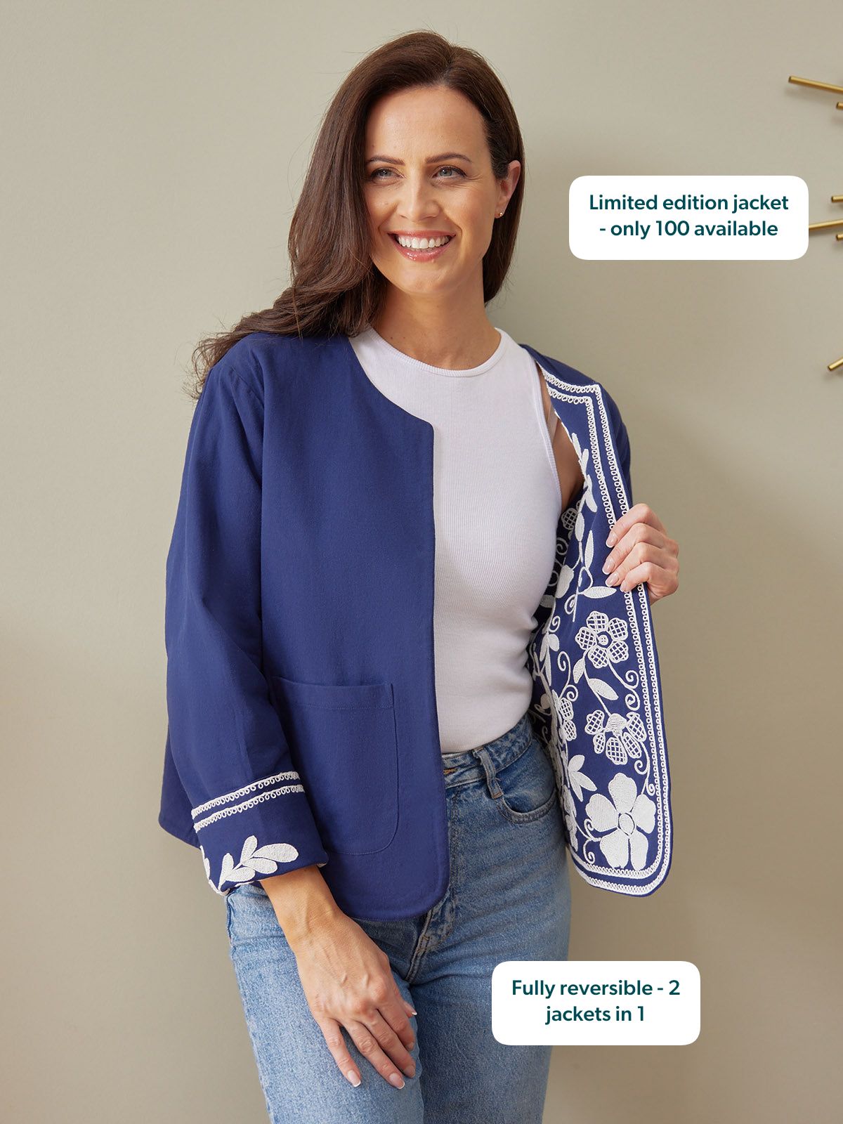 Elaine Embroidered Jacket - Reversible Navy